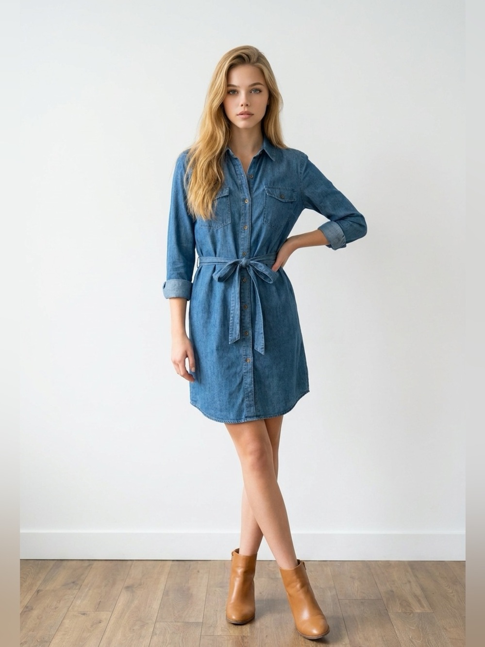 JustFab Chambray Shirt Dress in Blue S - Picture 3 of 10